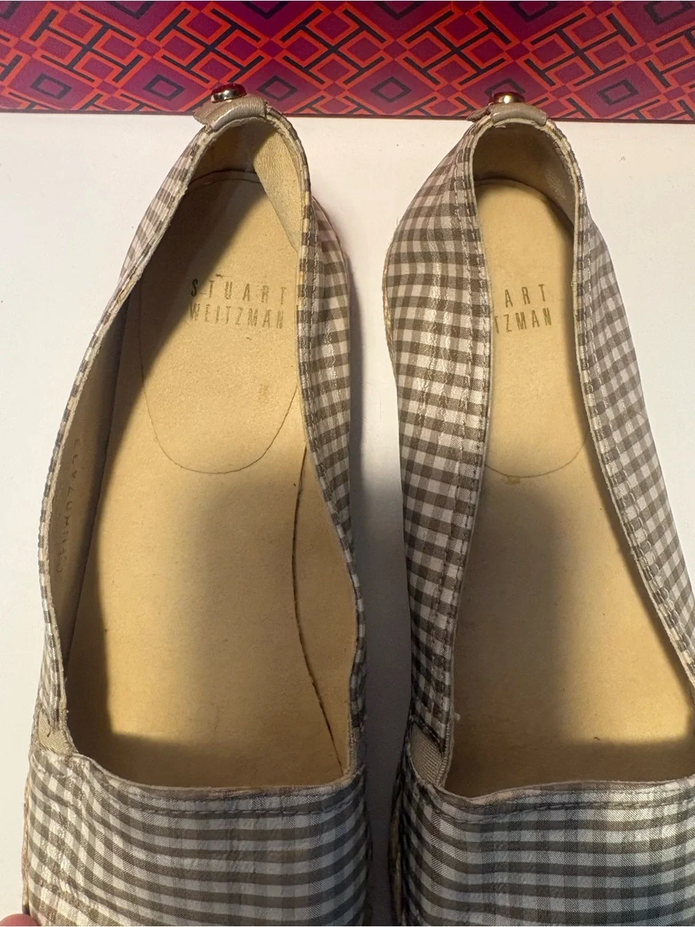 Stuart Weitzman Tan and White Gingham Espadrille Flats